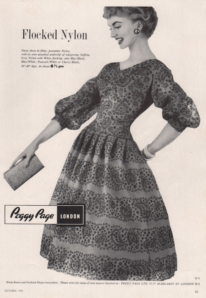 Peggy Page flocked nylon party dress. London fashion advert. BRITISH VOGUE 1955